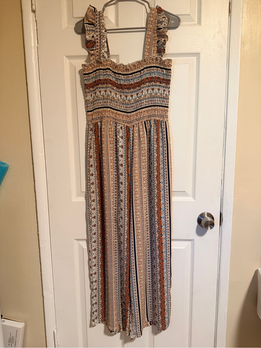 Bohemian Striped Smocked jumpsuit in Rust and Navy